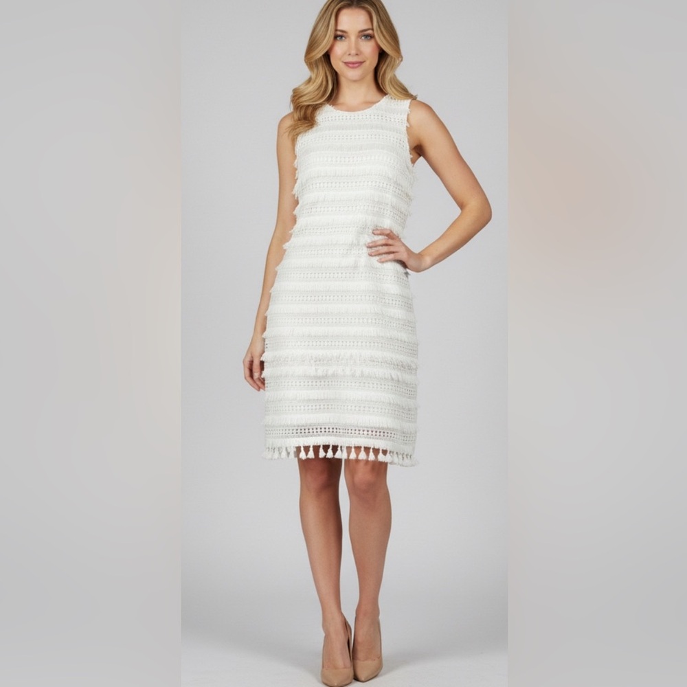 Britt Ryan Dress White Lace Overlay Fringe Tassel Hem Sleeveless Round Neck M 👍